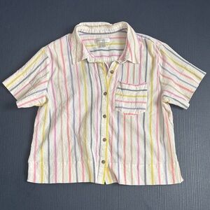 Short-Sleeve Button-Up Shirt in Cream with Multi-Color Stripes, Large, EC